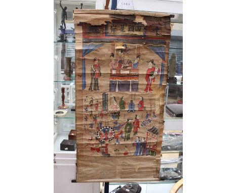 A Chinese scroll, fire damaged and water damaged, attached to a parchment style backing, the picture itself is hand painted s