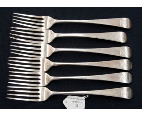 A collection of six George III silver forks, comprising four hallmarked for London 1803, makers marks for Peter, Anne and Wil
