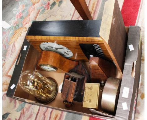 A box of clocks including a Kundo anniversary clock, carriage clock, mantle clock, barometer, cuckoo clock, etc metamec, metr
