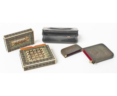 A Victorian tortoiseshell and horn snuff box, a fret pierced bone Victorian card case and an early 20th Century card case (3)