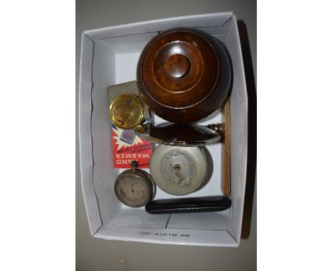 Mixed Lot: A tobacco jar, an Elliott Bros small aeronoid barometer, hip flask and other items