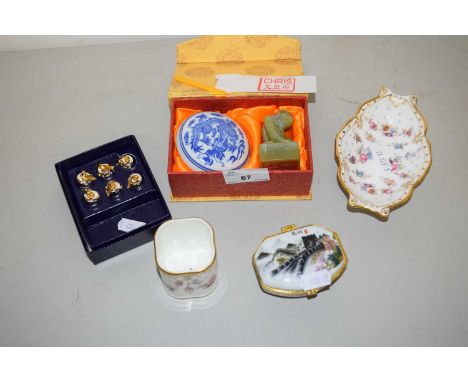Mixed Lot: Small Crown Derby pin dish and vase, boxed Chinese Tourist Ware seal and other items