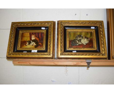 Pair of reproduction oleograph studies of cats, gilt framed