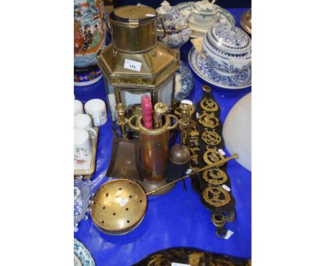 Mixed Lot: Horse brasses, a brass lantern and fire tools