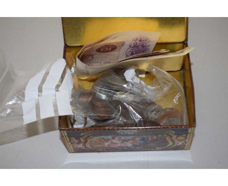 Box of mainly Briitish pre-decimal coinage, 10 shilling notes and a Royal Bank of Scotland cheque dated 1921