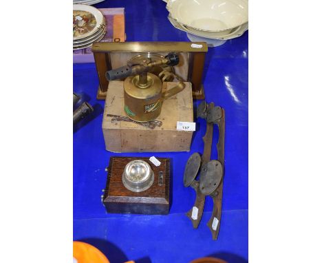 Brass blow lamp, vintage Every Ready wooden cased torch, vintage ice skates and a mantel clock