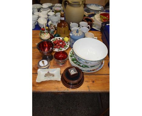 Mixed Lot: Various royal commemorative mugs, Wade whisky bell, silver plated sugar basin, a Wedgwood Jasper ware biscuit barr