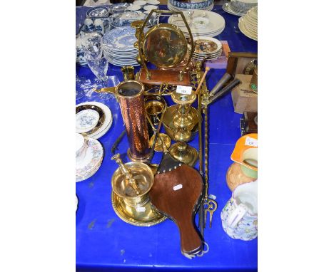 Mixed Lot: Various copper and brass wares to include trivet, small dinner gong, kettle, pestle and mortar, fire tools, candle