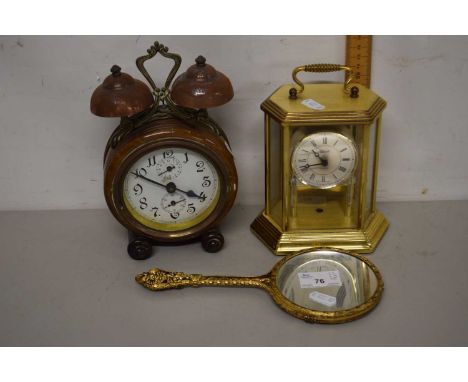 Mixed Lot: Vintage alarm clock, mantel clock and a hand mirror