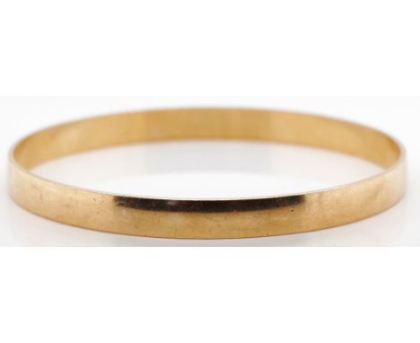 Gold Bangle Unmarked rose gold colour, approx 62mm inside diameter, 6mm wide sheet. 15 grams weight tests as 9ct
