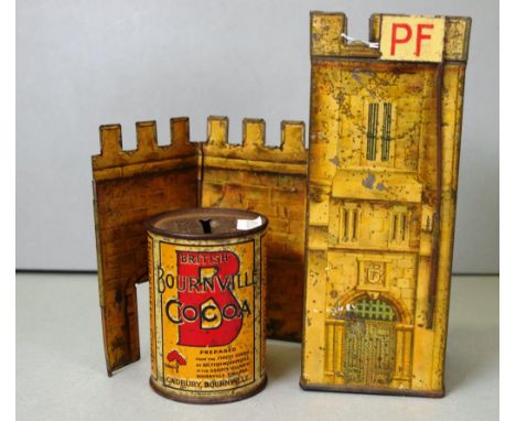 Vintage Peek Freans biscuit tin castle form, (height 17cm approx); together with an early Bournville Cocoa savings bank tin, 