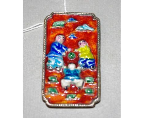 Chinese silver & enamel brooch decorated in enamel with children at play, on silver backing, character marks verso. (Height 5
