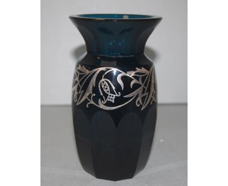 Vintage blue glass vase with applied silver decoration, (height 16cm approx).