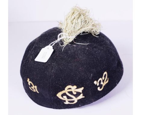 Vintage velvet school cap probably of English origin, marked 'DIC, For Quality,' with embroidered SC motto, and (19) '31 and 
