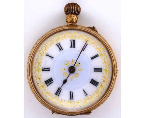 Antique ladies gold pocket watch with a enamel painted dial. Manual wind movement. Marked 14k squirrel Caurve. Approx 32.6mm 