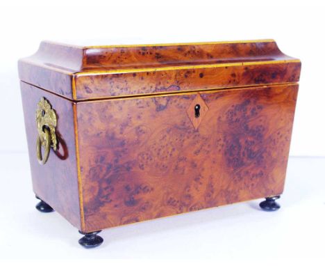Regency sarcophagus tea caddy in burr yew wood strung in boxwood with ring handles and matching twin lidded interior with ebo