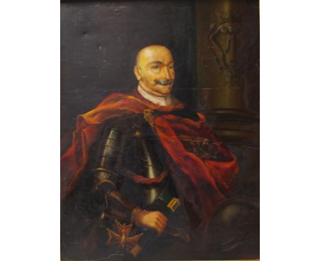 European School C20th- "Portrait of a gentleman in Armour", oil on canvas, 96cm X 74cm approx (over painted)