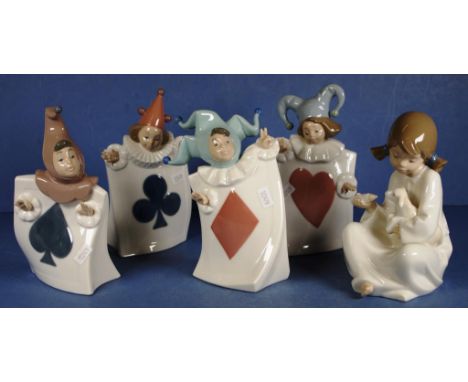 Four Neo playing card motif jester figurines to include hearts, spades, clubs, and diamonds, together with one other Neo girl