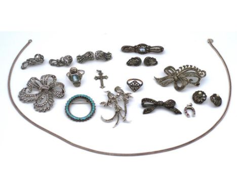 A group of silver jewellery includes sterling silver, marquesite and enamel, rings, brooches, necklaces, ear clips.  Approx 8