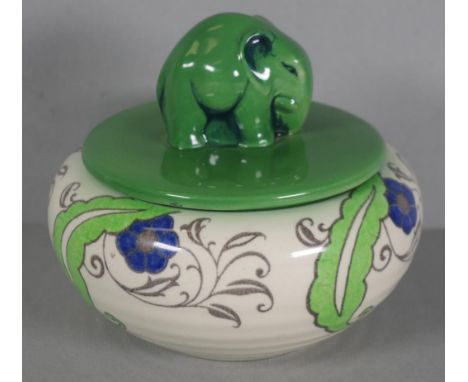 Vintage Royal Doulton elephant decorated bowl decorated with elephant form finial to lid on green ground, bowl with blossom a