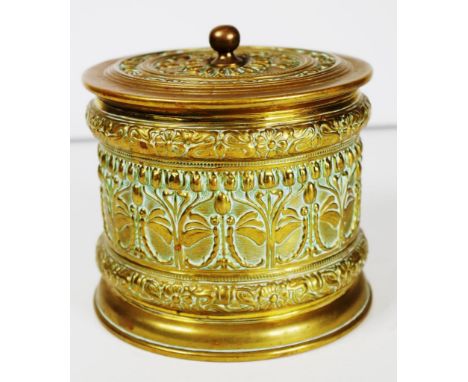 Vintage brass lidded tobacco jar brass jar with embossed decoration to lid and sides, lead lined interior, and damper, (heigh