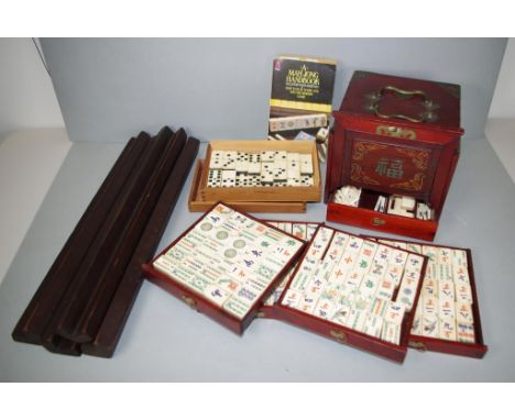 Vintage wood cased bamboo & bone Mah-Jong set including tiles in wooden five drawer, brass bound case; together with four woo