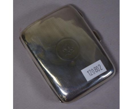 George VI sterling silver cigarette case Birmingham 1945, makers H. Vale & Co. Monogrammed. (Some dents to body). Height 8cm 