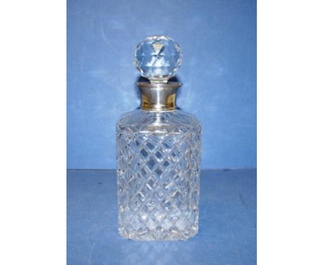 Elizabeth II sterling collar crystal decanter collar marked Birmingham 1977, makers Roberts & Dore, to crystal decanter. (Hei