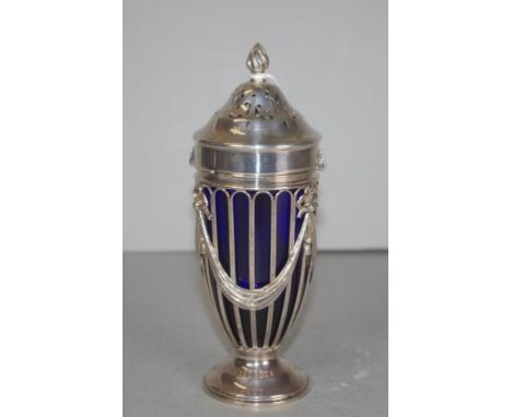 Edwardian sterling silver sugar caster with blue glass liner, hallmarked Chester 1905, by Haseler Brothers, 18cm high approx