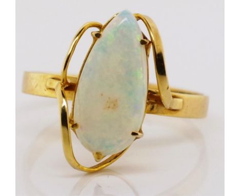 14ct gold and opal ring white opal drop cabochon set in a marked 14ct (rubbed) ring approx 2grams, size N 1/2