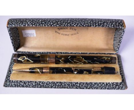 Vintage cased Swan Leverless pen/pencil  set with 9ct gold collars to both and 14ct nib to fountain pen