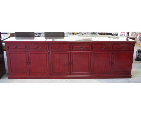 Chinese hardwood long cabinet with glass top, 6 drawers and 6 doors opening to an inside shelf, 274cm wide, 48cm deep, 84cm h