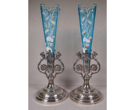 Pair vintage WMF silver plate & glass vases each blue glass vase, decorated in enamel floral figures, to  WMF stands, with em