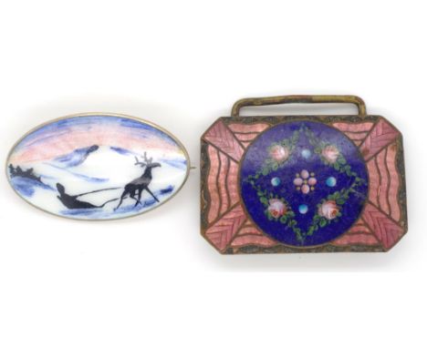 Enamelled silver brooch and antique buckle. Norwegian enamel brooch showing scene of Sami on sledge with reindeer and mountai