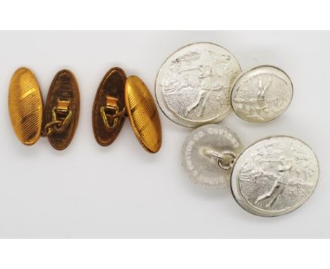 Two pairs of cufflinks. Engine turned gilt metal torpedo on chain links and a pair of golfing cufflinks