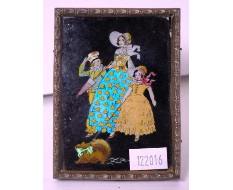 Vintage framed butterfly wing miniature mother & children walking a dog, butterfly wing decoration, butterfly emblem verso. (