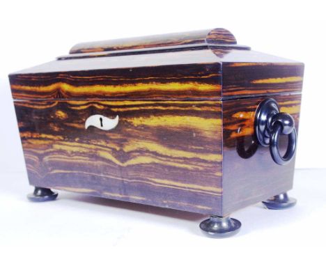 Large rare Regency sarcophagus tea caddy in coromandel wood with ebony feet and ring handles, the interior with matching vaul