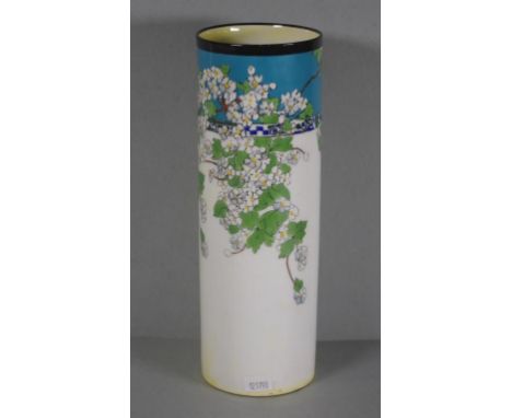 Vintage Royal Doulton cylinder vase blossom and leaf decoration. Marked to base and # BB616. Height 25.5cm approx.