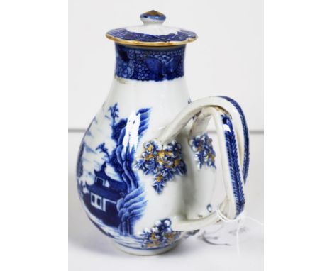 Antique Chinese Export blue & white ceramic jug blue & white pagoda scene decoration, applied twisted handle, near matching l