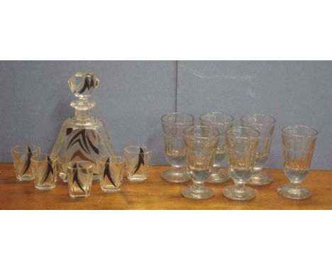 Art deco decanter and 5 matching glasses together with 6 antique French weighted water glasses