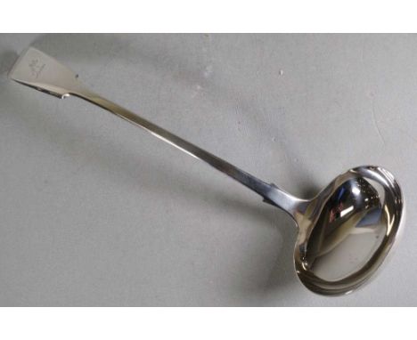 Victorian Elkington silver plated soup ladle fiddle pattern with armorial, circa 1878, 34cm long approx