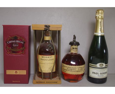 Four bottles: 700ml Chivas Regal and Monkey Shoulder Scotch Whisky, Blanton's Bourbon Whisky and 750ml French Paul Goerg Cham