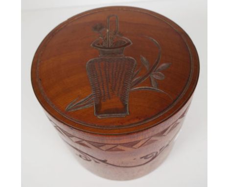 Vintage carved wood circular covered bowl carved floral decoration to lid and sides, with an internal covered section. (Heigh