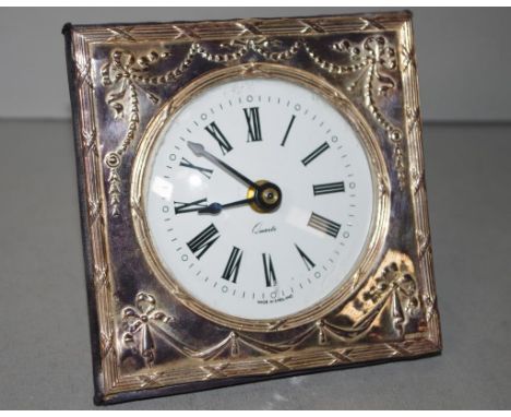 Elizabeth II sterling silver table clock London 1990, makers Keyford Frames, (height 14cm approx).