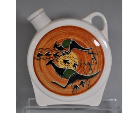 Studio Anna Australian pottery flask with hand painted hunting scene, 21cm high approx.