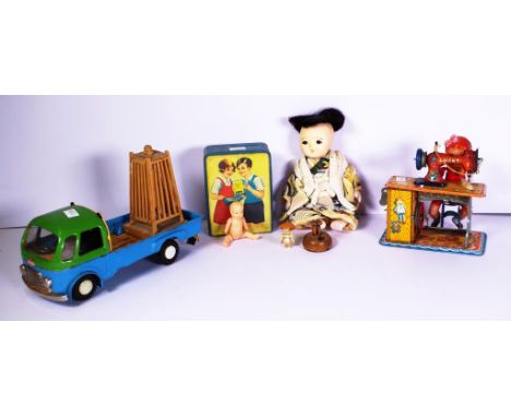 Collection vintage toys including tinplate including 'Cablight' truck; tinplate 'Register' money box; tinplate clockwork sewi