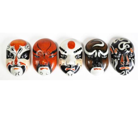 Five Chinese miniature ceramic opera masks each with character mark and identity verso, (height 8cm approx, each).