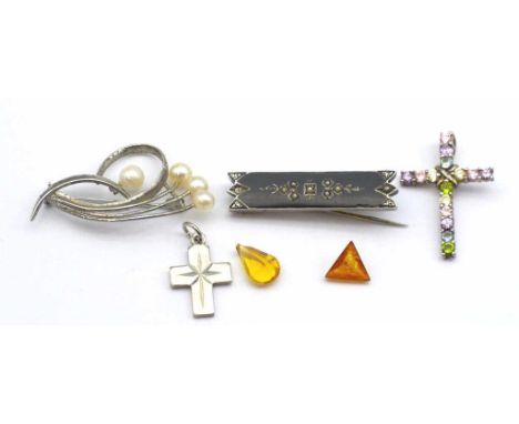 Silver and gemstone jewellery group. Includes and enamel and silver antique brooch