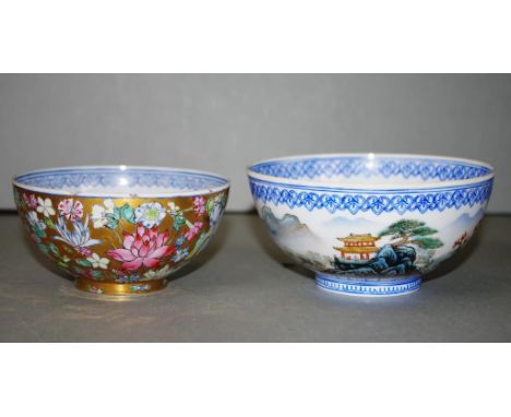 Two various Chinese eggshell ceramic bowls including mountain and landscape decorated, (diameter 12cm approx); and another fl