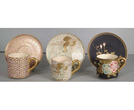 Three Japanese Satsuma cup & saucers 11cm diameter, 6cm high approx